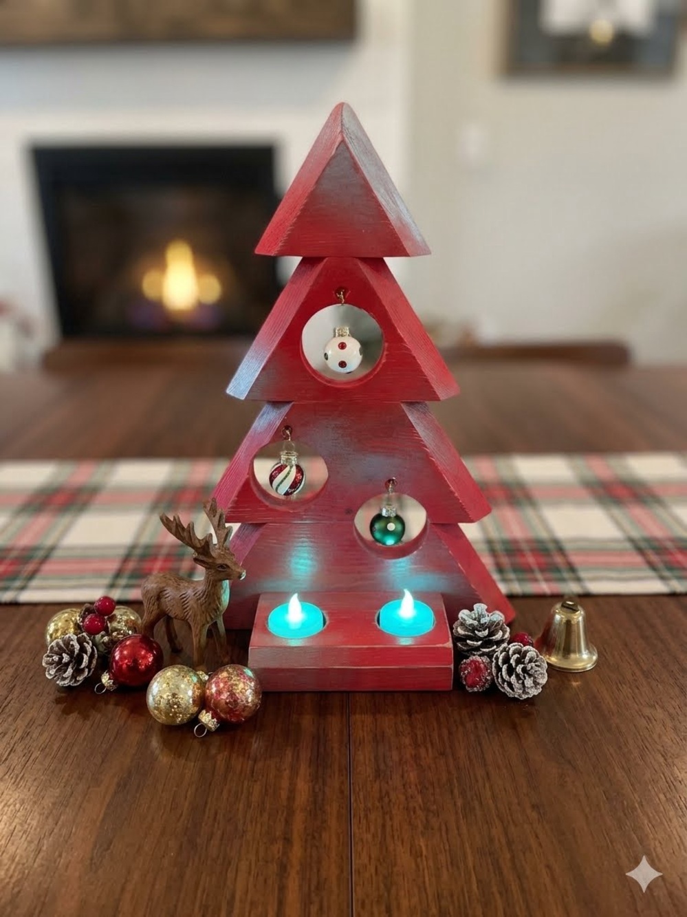 Set of 3 Wooden Christmas Tree Tealight Holder - Holiday Home Decor